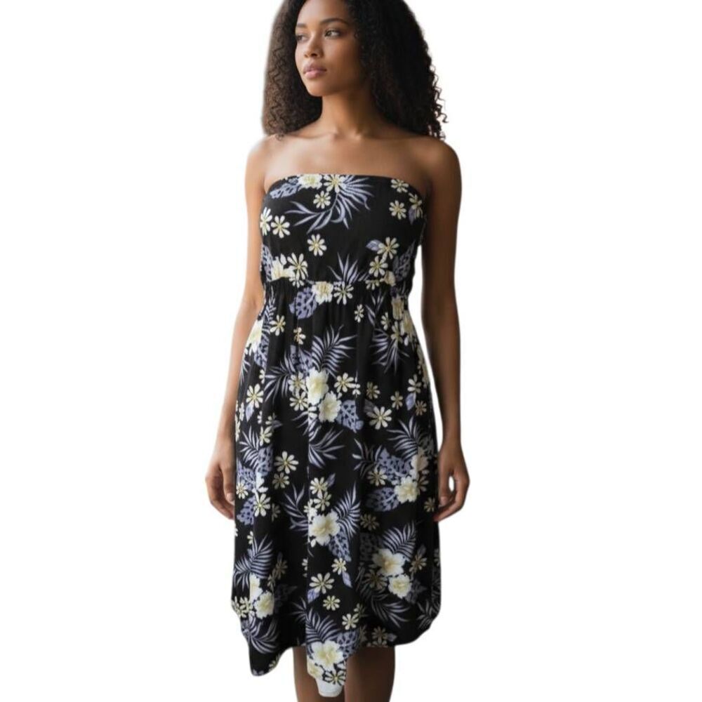 HIBISCUS COLLECTION HAWAII BLACK & YELLOW FLORAL STRAPLESS DRESS SZ.S EUC.
